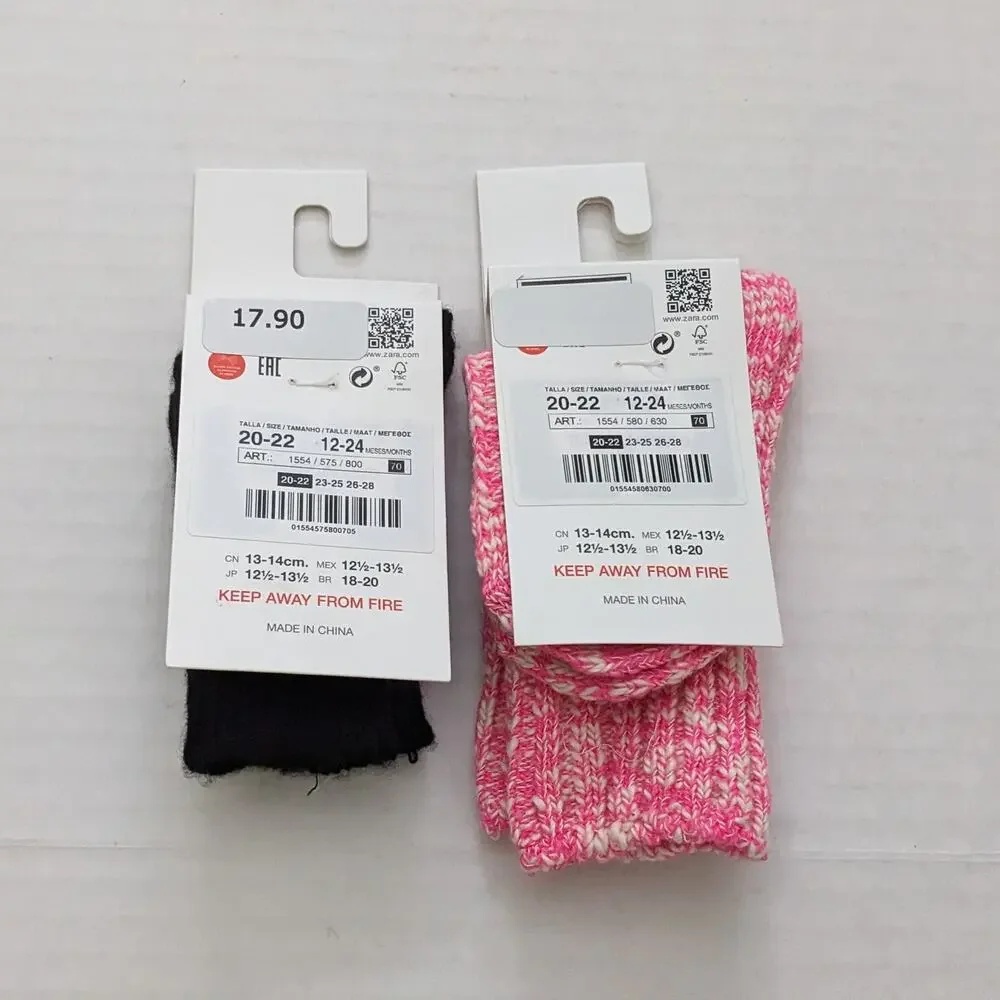 NWT Zara Sock Bundle Black Cashmere & Neon Pink Twisted Yarn Socks Size 12/24m